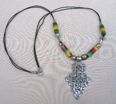 Ethiopian Coptic Cross, Silver and Polymer Clay Necklace