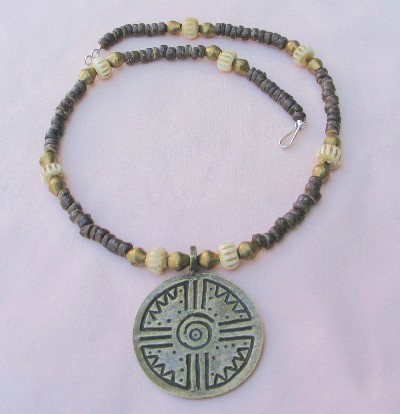Wood, Bone and Brass with Pendant Necklace