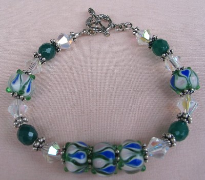 Lampwork, Leaded Crystal, Green Onyx and Bali Sterling Silver Bracelet