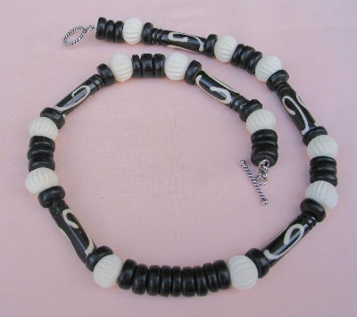 Wood and Bone with Batik Accents Necklace